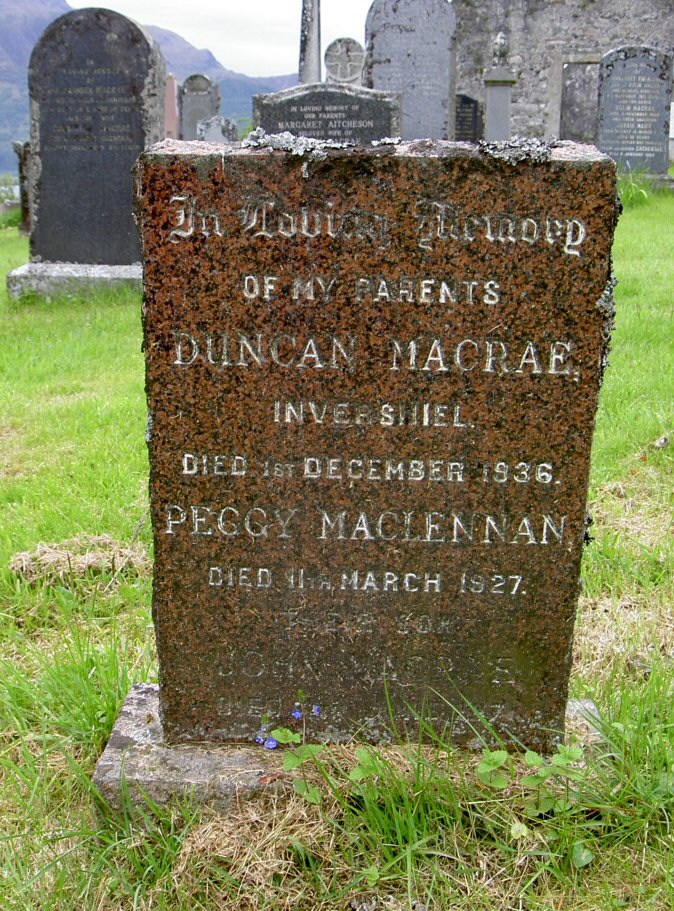 Photo of headstones/Duncan Macrae & Peggy MacLennan d1927 hdstn Clachan Duich Old